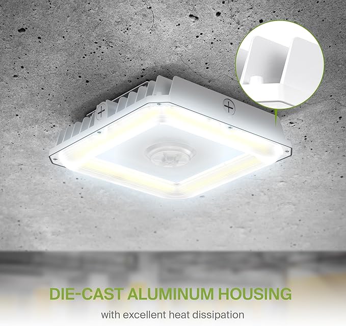 ASD LED Canopy Light 70/60/40W with Q-Base – 3000/4000/5000K 10823Lm 10"x10" 120-277V IP65 Dimmable 0-10V UL & DLC Listed (Optional Motion Sensor-Extra Purchase)