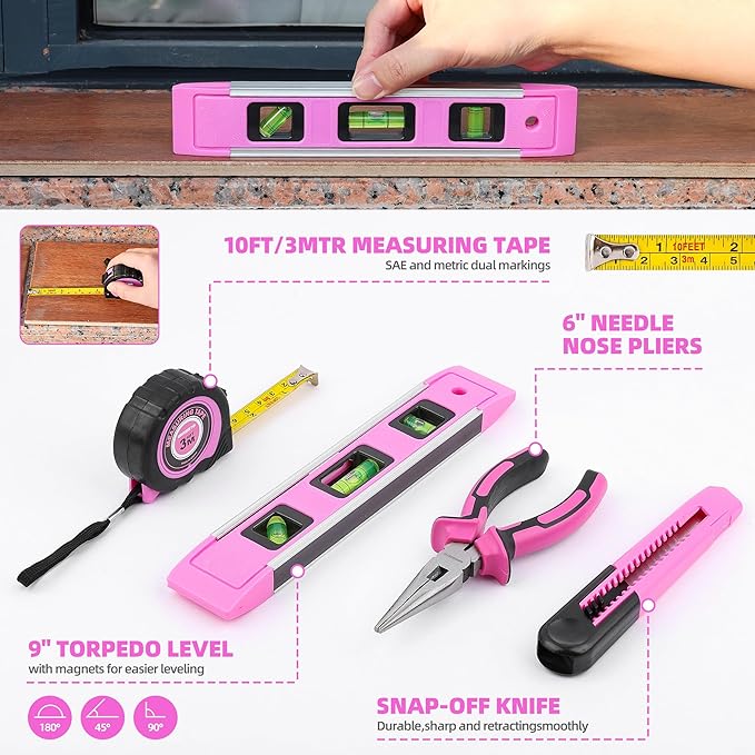 123-Piece Pink Household Tool Set with 3.6V USB Cordless Electric Drill, Lightweight, Portable