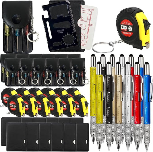 48 Pcs Mini Tape Measure Screwdriver Keychain Set – Multitool with Credit Card Tool and Pen, Bulk Gifts for Adults, Christmas Party Favors, Men’s Survival and Tool Set – Ideal for Fathers
