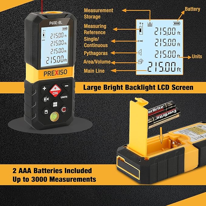 PREXISO Laser Measure, 215Ft Laser Measurement Tool with Entension for Diagonal Measuring Ft/Ft+in/in/M Units - Pythagorean Mode, Area Volume -100 Sets Data Storage, Medidor Laser Distance Meter