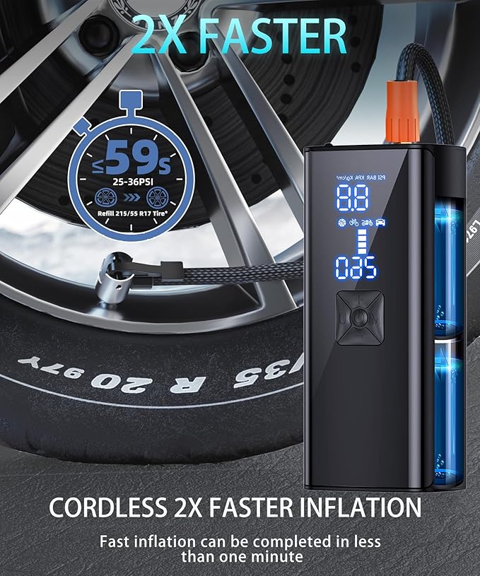 Tire Inflator Portable Air Compressor, 150PSI & 25000mah Portable Air Pump with Digital Pressure Gauge, 2X Faster Cordless Tire Pump for Car, Bike, Motorcycle, Ball