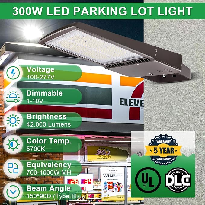 300W LED Parking Lot Light, 5700K 42000LM LED Shoebox Area Light [1000W MH/HPS Equiv.], 0-10V Dimmable Outdoor Pole Flood Lights with Yoke Mount, IP65 20KV Surge Protection AC100-277V UL&DLC Listed