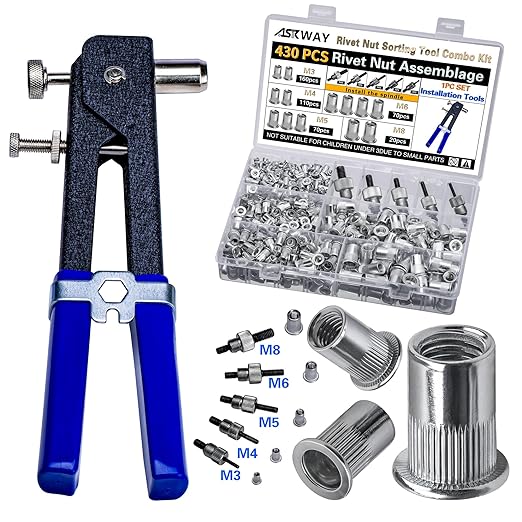 Pressure Rivet Nut Tool Kit, 430Pcs Metric Rivet Nut Combination (M8/M6/M5/M4/M3), Suitable for Furniture, Decoration, Automotive, Marine and Industrial Applications