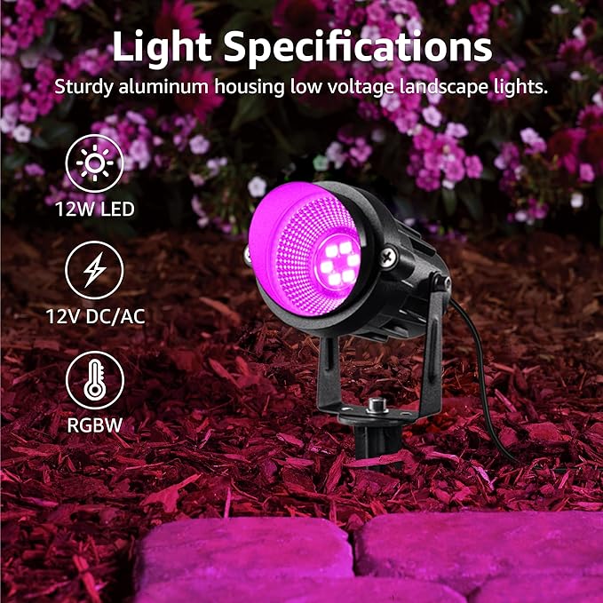 SUNVIE 12 Pack RGBW Color Changing Landscape Lights with 300W Low Voltage Landscape Transformer 12-24V LED Landscape Lighting Kit Waterproof Multicolor Spotlights for Christmas House Yard Tree Garden