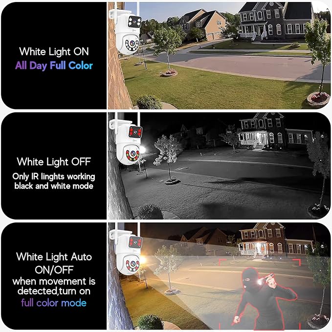 Dual Lens Linkage 8MP Pan/Tilt WiFi PTZ Security Camera Outdoor, Auto Tracking, Human Detection, Light Alarm, Color Night Vision,Siren, Plug-in Cable,2.4G WiFi,SD Card Slot with TF64G Card