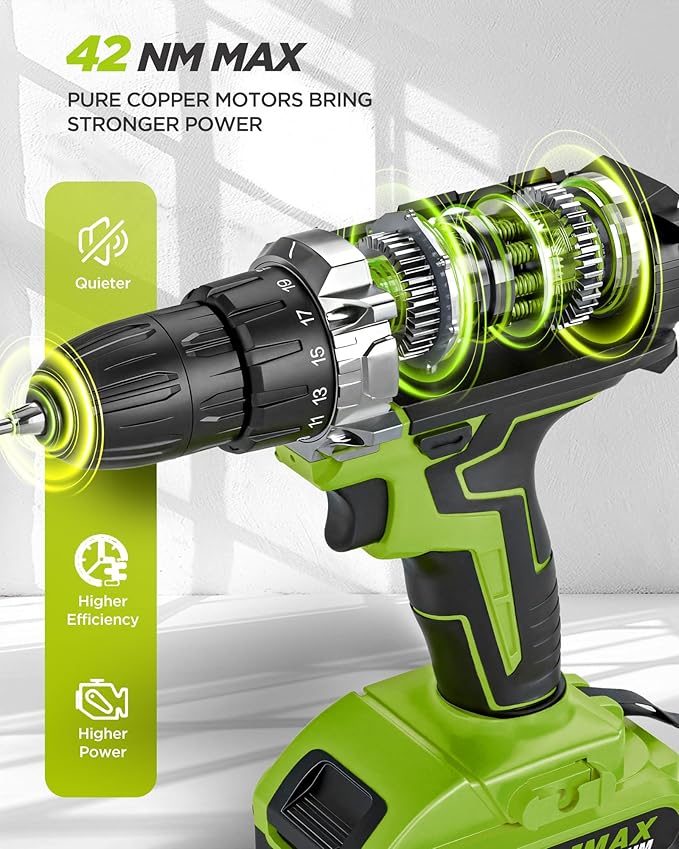 Drill, 21V Cordless Drill with Dual 2.0Ah Power Pack and Charger, Electric Power Drills Set, 3/8 Inch Chuck, 25+1 Torque, 2 Speed 29 Accessories Tool for DIY, Gifts
