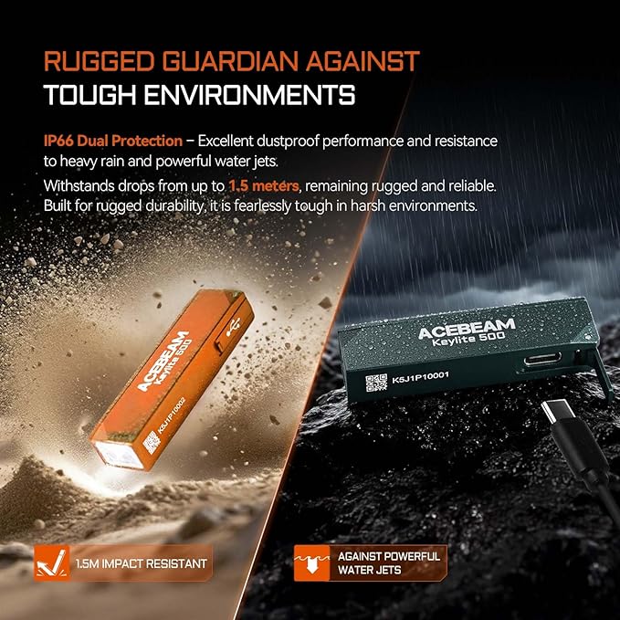 ACEBEAM Keylite 500 High Lumens Keychain Flashlight Rechargeable, Ultra-Compact Flat Pocket EDC Flashlight with Dual LEDs, 6 Modes, Type-C Charging, Small MINI Flash Light for Emergency, Home, Outdoor