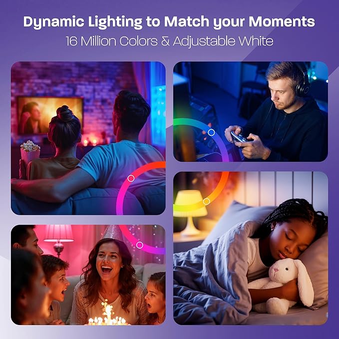 Smart LED Light Bulb 9W (60W Equivalent) - RGB Color Changing & Tunable White, WiFi+Bluetooth, Music Sync, Alexa & Google Home Compatible, No Hub Required, A19 E26 Dimmable, 800 Lumens, 4 Pack