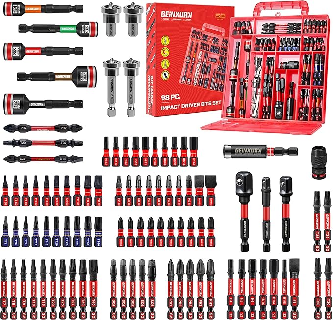 98Pieces 1”/2” Impact Screwdriver Bits Set, Magnetic S2 Steel (Phillips/Slotted/Square/Torx/Hex/Security Torx) Driver Bits Tips,Impact Bit Holder and Nut Driver with Red Storage Box Case