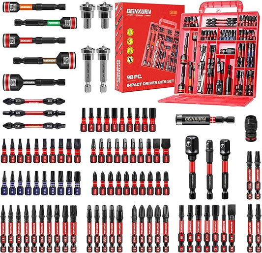 98Pieces 1”/2” Impact Screwdriver Bits Set, Magnetic S2 Steel (Phillips/Slotted/Square/Torx/Hex/Security Torx) Driver Bits Tips,Impact Bit Holder and Nut Driver with Red Storage Box Case