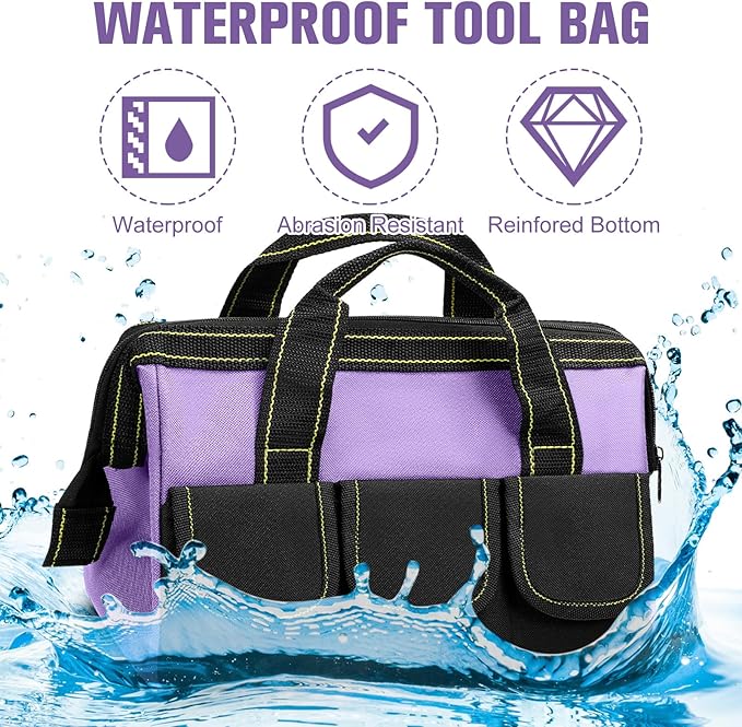Sanwuta 3 Pack Tool Bag for Men with Waterproof Hard Bottom, Heavy Duty Tool Bag Wide Mouth Tote for Various Instrument, Electrician Carpenter Mechanic(13 Inch,Red, Pink, Light Purple)