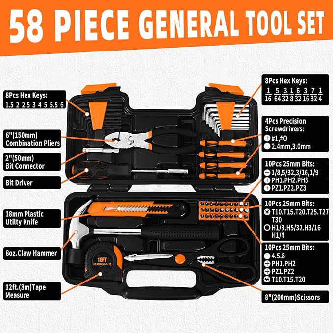 58-Piece Tool Kit Basic Home Repair Tool Set, General Household Hand Tool Kit,Small Tool Kit with Plastic Toolbox Mini Tool kit for Women, Office & College Repairs Orange