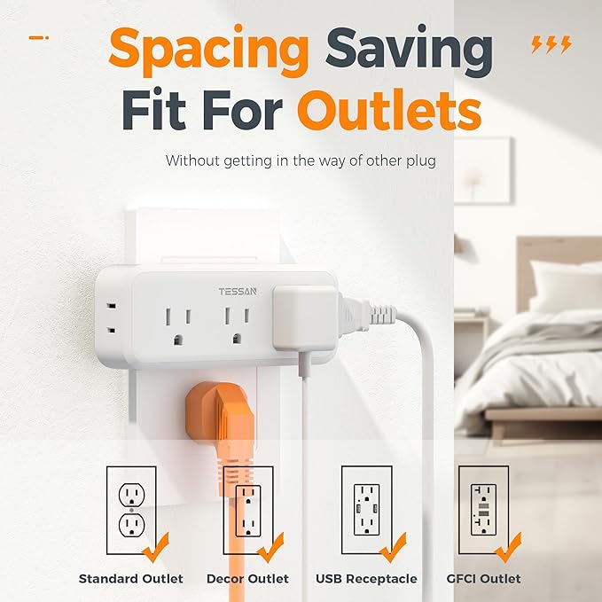 Multi Plug Outlet Splitter, TESSAN Surge Protector Wall Plug Splitter with 5 Outlet Extender, 3-Sided Charging Station for School Home Office Dorm Room Essentials