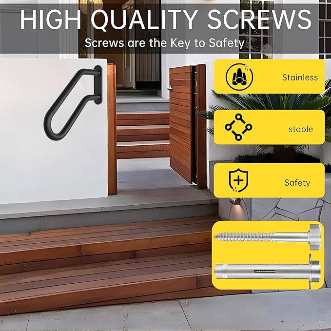 Handrails for Outdoor Steps, Heavy Duty Non-Slip Handrail, U-Shaped Safety Hand Rails, Wall-Mounted Rail for 1-3 Step Stairs, 19" Length Railings for Indoor and Outdoor