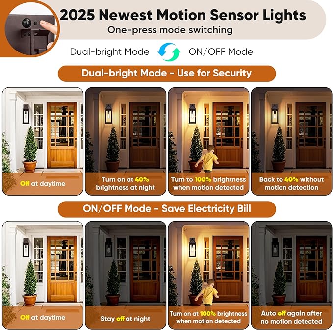 BesLowe 16” Upgraded Motion Sensor Outdoor Wall Lights, Dusk to Dawn Porch Lights Outdoor Wall Sconces, 3 Lighting Modes Exterior Lighting Fixtures with Hooks, Brown Outside Lights for House, 2-Pack