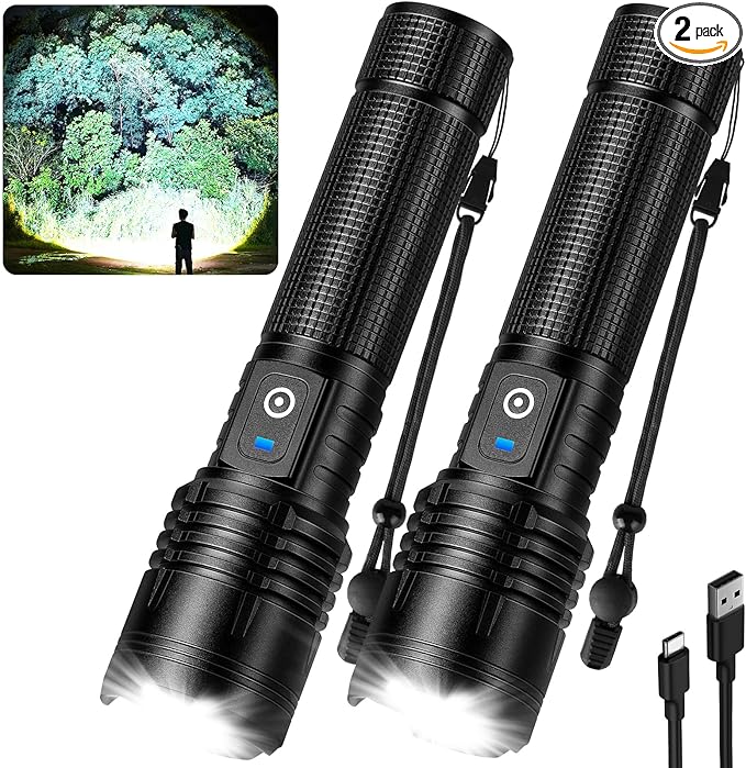 Rechargeable LED Flashlights High Lumens - 90,000 Lumens Super Bright Flashlights with 5 Modes, Waterproof Powerful Flash Light for Home, Camping(2 Pack) (Black)
