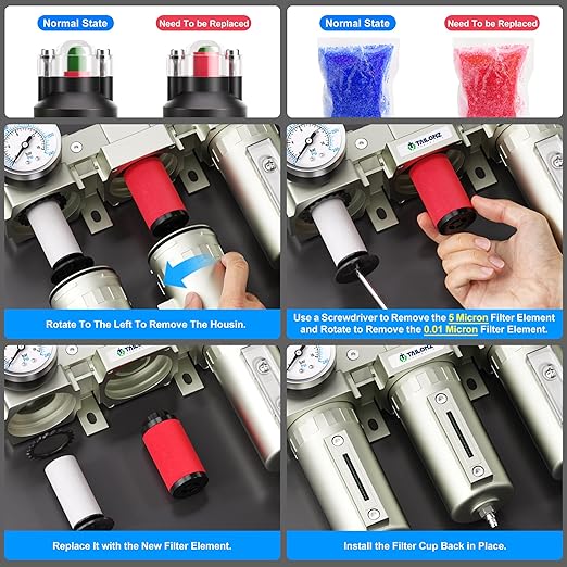 TAILONZ PNEUMATIC 0-240PSI 1/2 Inch NPT Industrial Grade Three Stage Air Drying System, Particulate Filter, Coalescing Filter, Desiccant Dryer and Air Regulator (Manual Drainage)
