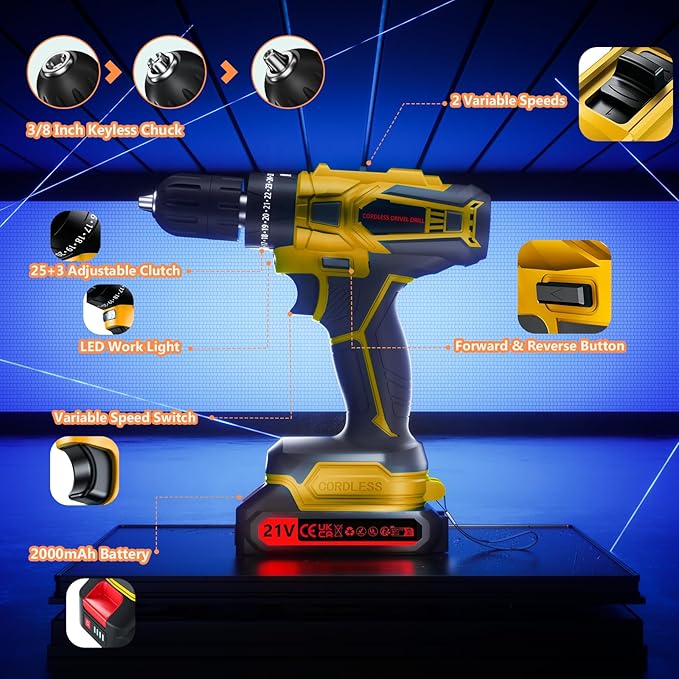 Cordless Drill with 2 Batteries and Charger, 21V Electric Drill Cordless, Portable Power drill Set, 3/8" Keyless Chuck, 2 Variable Speed, 25+ 3 Clutch, 398 In-lb Max Torque