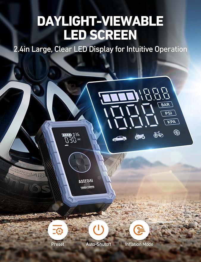 AstroAI S8 Air Jump Starter with Air Compressor, 1500A Peak Car Battery Jump Starter Portable (6.0 Gas/3.0L Diesel) with 150PSI Auto-Shutoff Tire Inflator, 12V Battery Charger Booster(Blue-Gray)