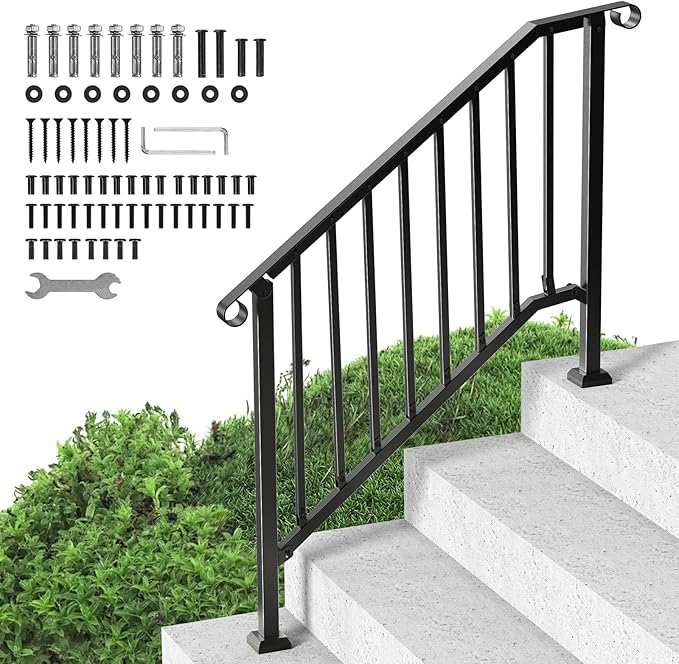 VEVOR Handrails for Outdoor Steps, 3-4 Step Stair Hand Rail Kit, Transitional Iron Railings with Installation Kit, Stair Rails for Seniors, Concrete Steps & Porch & Deck, Black Retro Arch