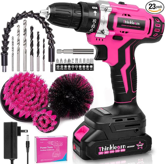 20V Pink Cordless Drill Set - Power Drill/Driver Kit with Drill Brush, Bit Set, 3/8" Keyless Chuck, 2 Variable Speed, 25+1 Torque Setting, Battery and Charger Included, Electric Drill for Home