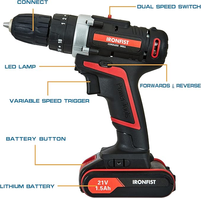 Cordless Drill, Screwdriver Impact Power Tools 21V Lithium Battery 3/8inch Keyless Chuck Led Light 2 Speed Driver