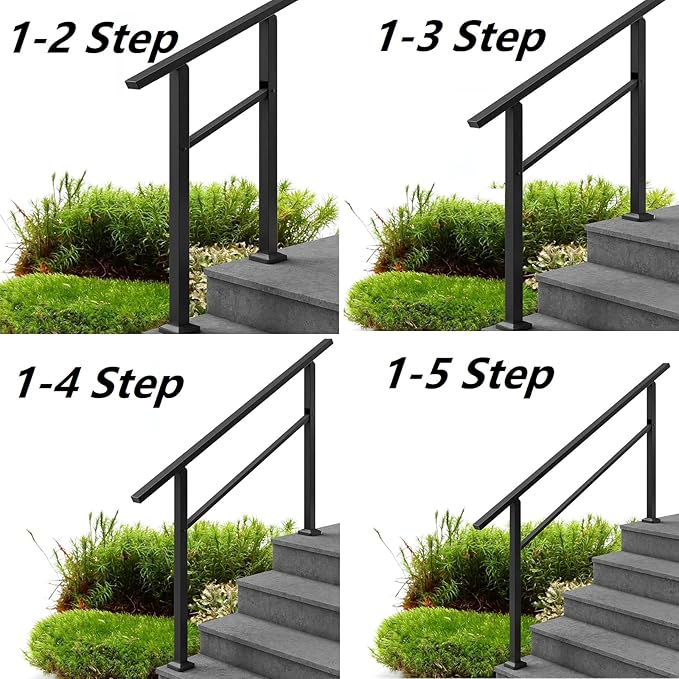 Metty Metal Handrails for Outdoor Steps Suitable for 1 to 5 Steps- Wrought Iron Stair Railing- Step Steady with 5 Feet Handrailing- Safe Indoor Home Banisters (5 Step)
