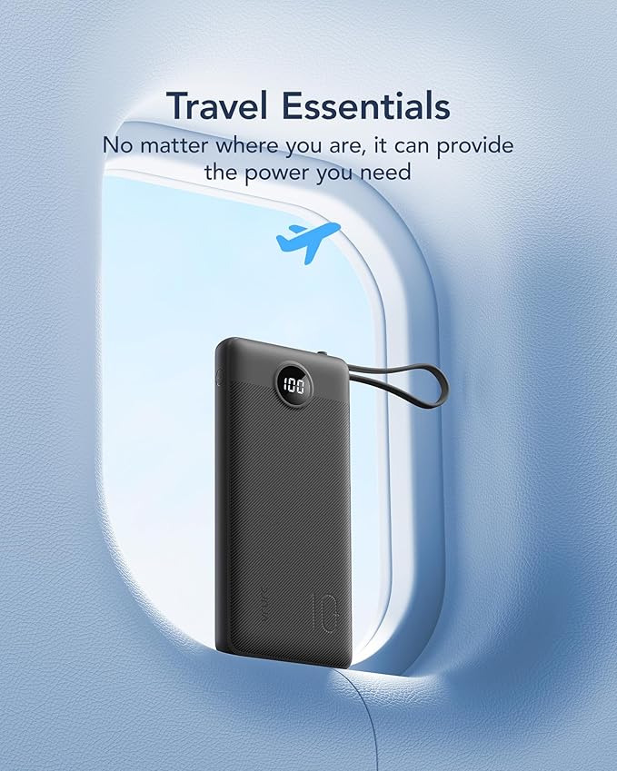 VRURC Portable Charger with Built in Cables, Slim Power Bank 10000mAh, USB C Battery Pack Travel Essential, 5 Outputs 2 Inputs Phone Charging Bank for iPhone 16 15 14 13,Samsung,Android-Black(1 Pack)