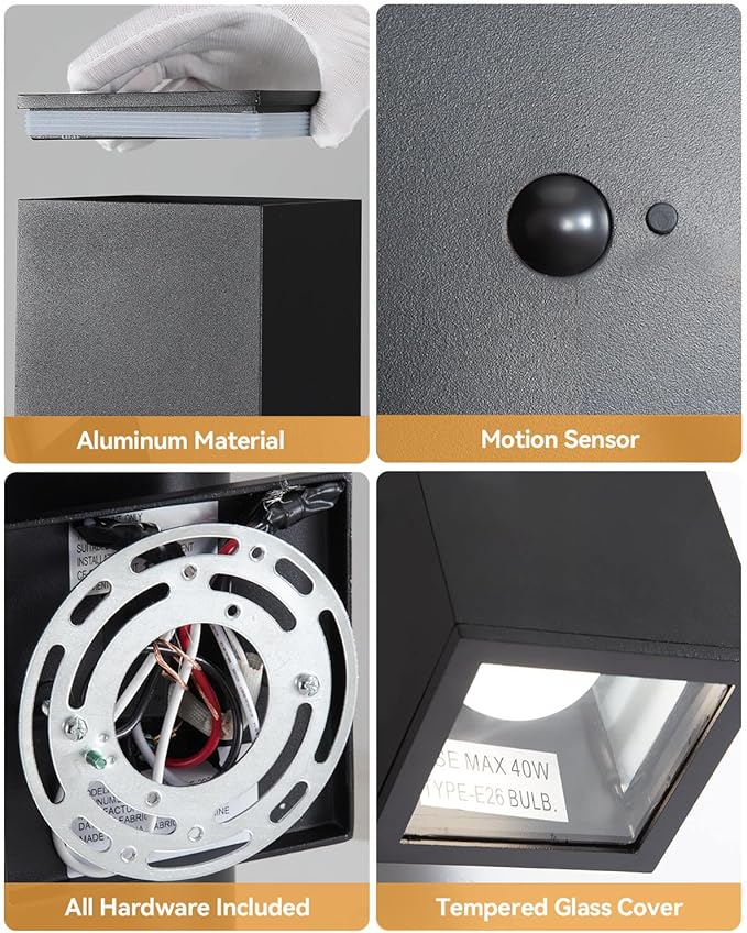 KIZON Motion Sensor Outdoor Lights 2 Pack, Dusk to Dawn Outdoor Lighting Porch Lights, Matte Black Exterior Lighting Fixtures with E26 Base, Waterproof Motion Detector Lights for Outside