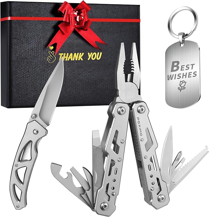 Multitools Gift Set “THANK YOU”, 14-in-1 Multi-tool Pliers & Pocket Knife Set with Keychain Tag, 3-Piece EDC Kit for Camping, Hiking - Premium Gift Box for Birthday, Christmas, Thanksgiving Day