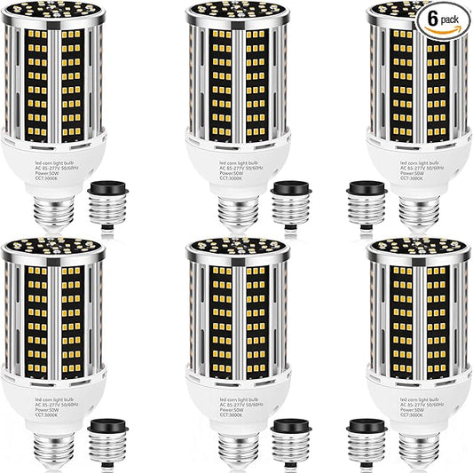 50W 6 pack LED Corn Light Bulb,3000K Warm White 6500LM(500W Equivalent ) Commercial GradeE26/E39 Medium Mogul Base LED Lamp,Large Area Lights For Outdoor Indoor Garage Warehouse Factory Bay Light