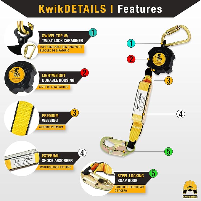 KwikSafety - 10' Cobra Web Self-Retracting Lifeline [Bundle] Class 1 Retractable Safety Lanyard SRL ANSI OSHA Fall Gear