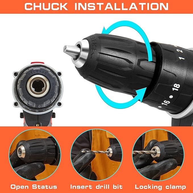 Cordless Drill, Screwdriver Impact Power Tools 21V Lithium Battery 3/8inch Keyless Chuck Led Light 2 Speed Driver