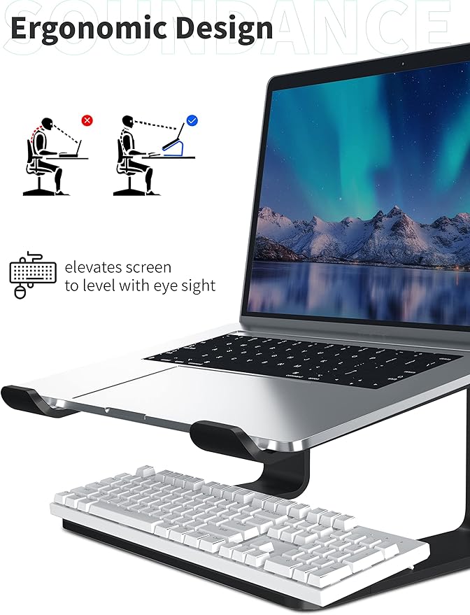 SOUNDANCE Laptop Stand, Aluminum Computer Riser, Ergonomic Laptops Elevator for Desk, Metal Holder Compatible with 10 to 15.6 Inches Notebook Computer, Black