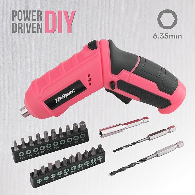 Hi-Spec 42pc Pink 4V USB Electric Power Driver & Household Tool Kit. Cordless Power Screwdriver and Hand Tools in a Compact Box Case