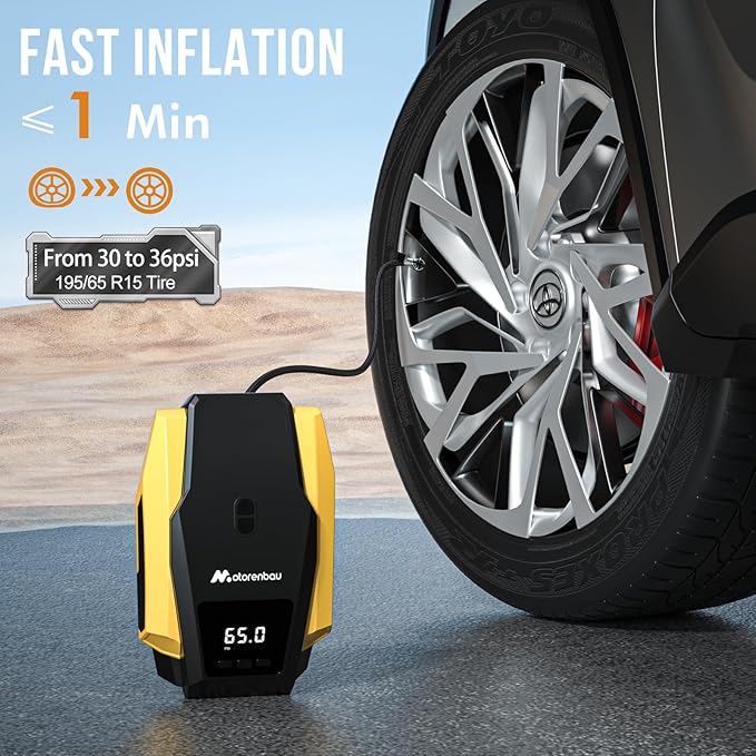 Tire Inflator Portable Air Compressor, 150PSI 12V DC Air Pump for Car Tires with LED Light, Auto Shutoff & Pressure Gauge, Tire Air Pump for Car,Motorcycle,Bicycle,Balls and Other Inflatables(Yellow)