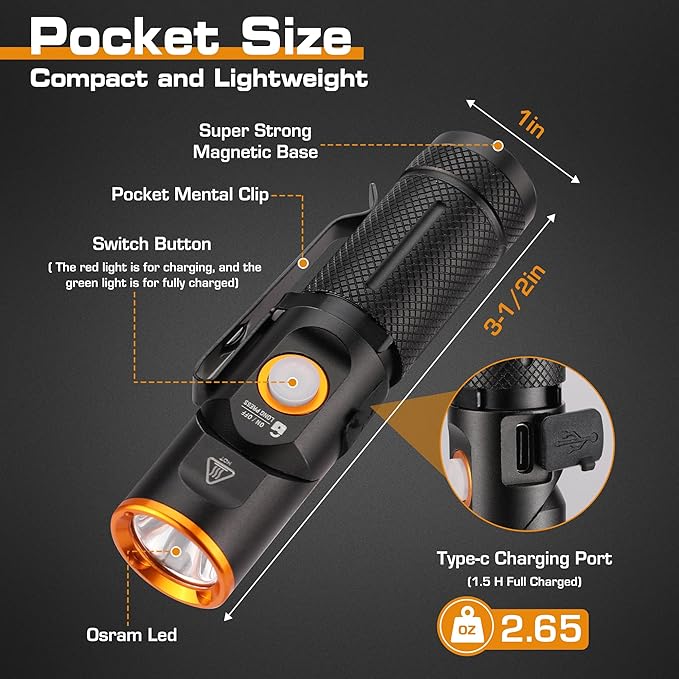 EverBrite 600 Lumens Pocket Flashlight, 90 Degree Tactical Pen Light with Magnet, Type-C Rechargeable with 3 Modes for Night Working, Outdoor, Camping, Emergency