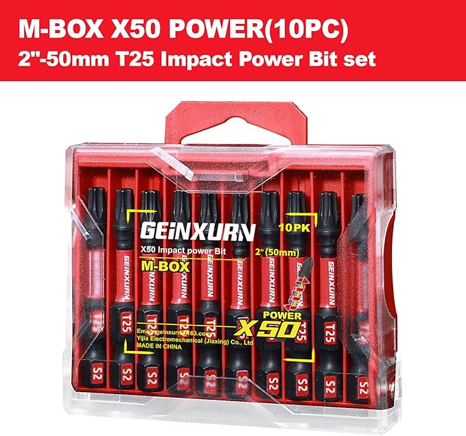10 Pieces 2 In. T25 Impact Tough Magnetic Screwdriver Bit Set, #25 Torx Head Power Bits, S2 Alloy Steel Star Bits with Storage M-Box