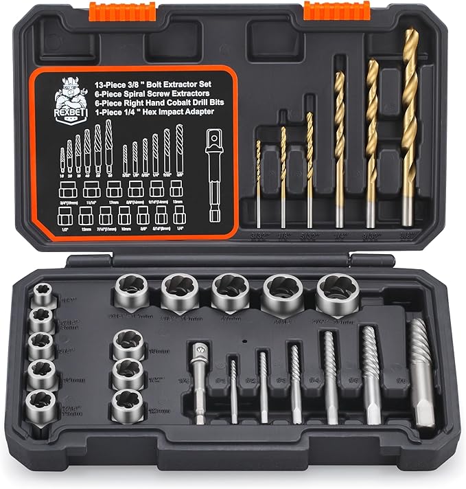 REXBETI 26-Piece Bolt Extractor Screw Extractor Set and Cobalt Drill Bit Set, Case with 13-Piece Bolt Extractor, 6-Piece HSS Drill Bit, 6-Piece Spiral Screw Extractor and 1-Piece Socket Adapter