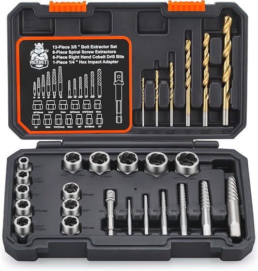 REXBETI 26-Piece Bolt Extractor Screw Extractor Set and Cobalt Drill Bit Set, Case with 13-Piece Bolt Extractor, 6-Piece HSS Drill Bit, 6-Piece Spiral Screw Extractor and 1-Piece Socket Adapter