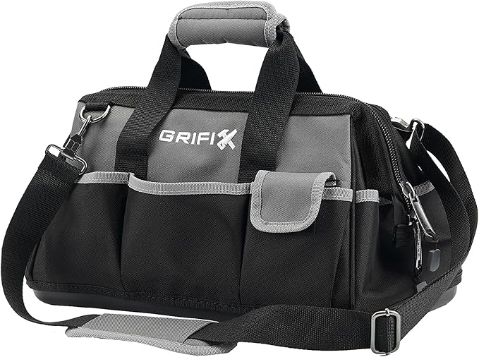 16-inch Tool Bag, Portable Tool Box Organizer Storage, Wide Mouth Tool Tote Bag with Large Zipper, 17-Pocket Adjustable Shoulder Strap and Ergonomic Handle (16" Molded Base)