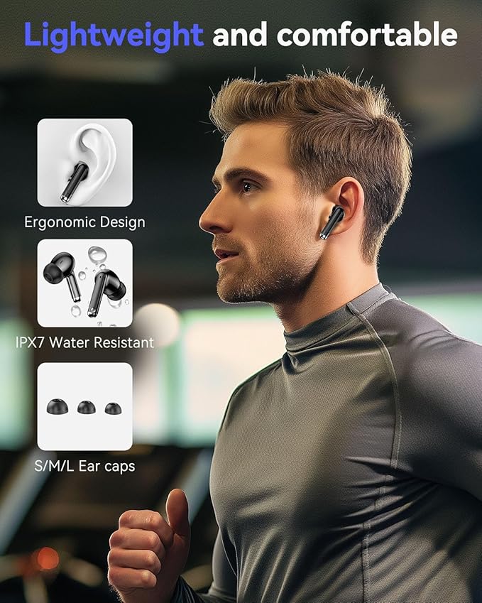 Bluetooth Headphones True Wireless Earbuds 50H Playback LED Power Display Earphones with Wireless Charging Case IPX7 Waterproof in-Ear Ear buds with Mic for Smart Phone Computer Sports, Black