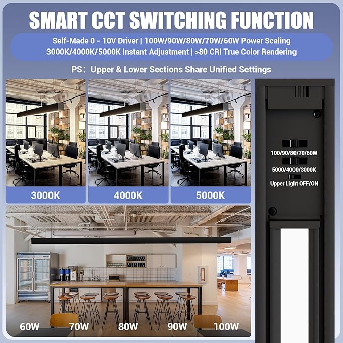 8FT LED Linear Light,100/90/80/70/60W Up and Down Light, 3000/4000/5000K CCT,Commercial And Residential Linear Lights Fixture for Office,Pendant Lights for Home,Shop,Garage,Basement,School-2Pack