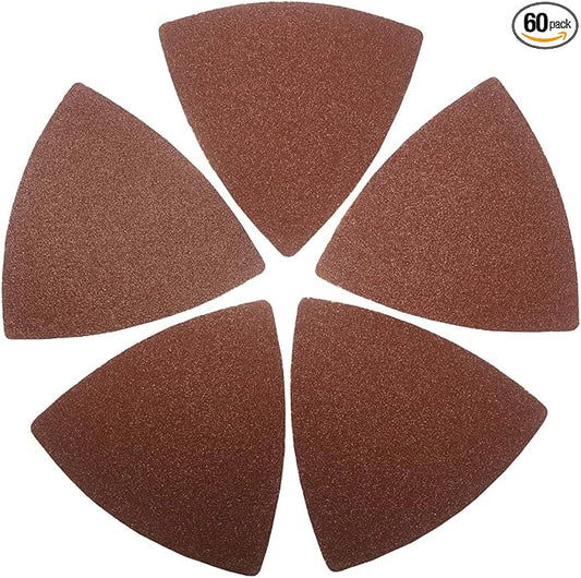 XXGO 60 Pcs 120 Grits Triangular 3-1/8 Inch 80mm Hook & Loop Oscillating Tool Sanding Paper for Wood Sanding Fit 3-1/8 Inch 80mm Triangular Oscillating Multi Tool Sanding Pads XG8020120