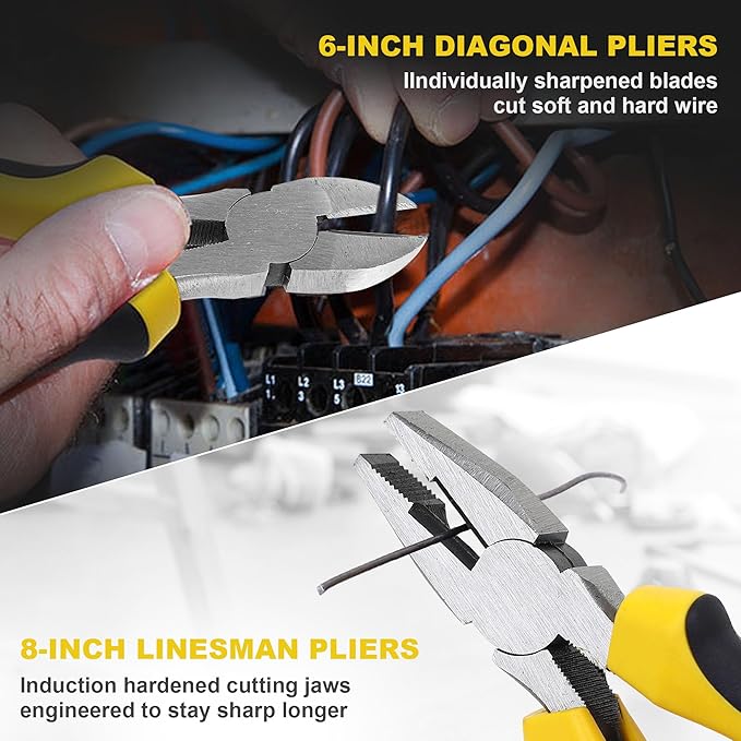 TOPLINE 6-Piece Pliers and Wrench Set, 8” Adjustable Wrench, 10” Groove Joint, 10” Slip Joint, 8” Linesman, 8” Long Nose, 6” Diagonal Pliers for Home Repair and Daily Use