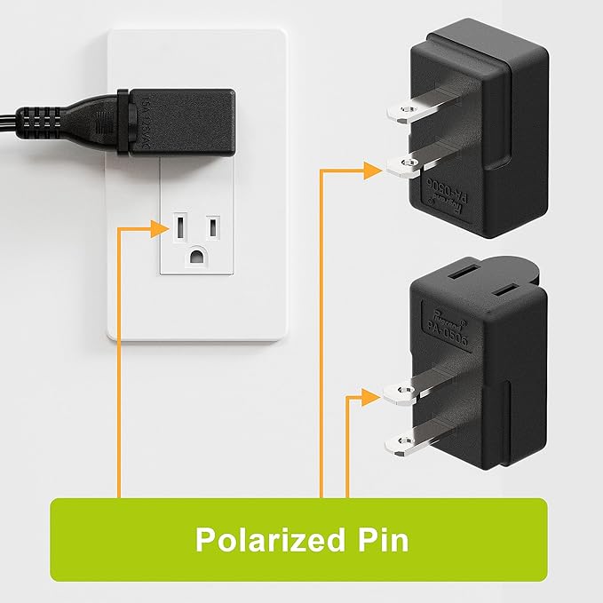 Right Angle 2-Prong 90 Degree Leftward AC Adapter, Polarized L Type, Vertical Down Power Adapter, PA-0506B Black