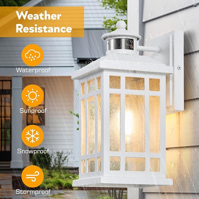 White Motion Sensor Outdoor Lights, 2-Pack Modern Dusk to Dawn Outside Light with 4 Modes, Exterior Lighting Fixtures for House, Entry, Porch, Patio, Garage, Brightness Distance Adjustable