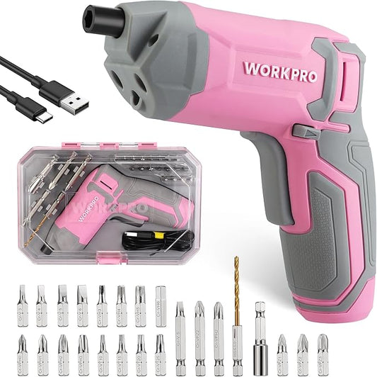 WORKPRO Pink Cordless Screwdriver Set, 3.6V Electric Rechargeable Eccentric Power Screwdriver Kit with 24Pcs Bits, Delay-off LED Light, 2000mAh High-Capacity Battery, Carrying Case Included