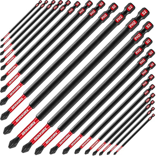 20Pack PH2 6 Inches Impact Tough Anti-Slip Screwdriver Bits, #2 Phillips 1/4 Inch Hex Shank Magnetic Tips Long Cross Screwdriver Bits Set, Bulk