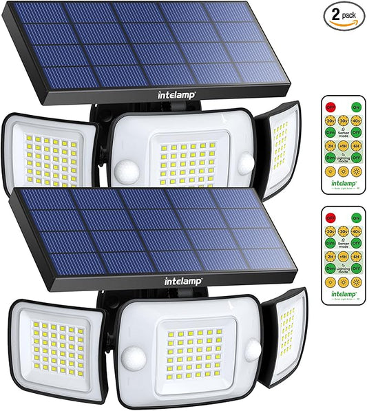 intelamp Solar Outdoor Lights 1200LM 6000mAh Security Lights with Remote Control,3 Heads Motion Sensor Light Outdoor, IP65 Waterproof,270° Wide Angle Flood Wall Lights with 4 Modes(2Pack)
